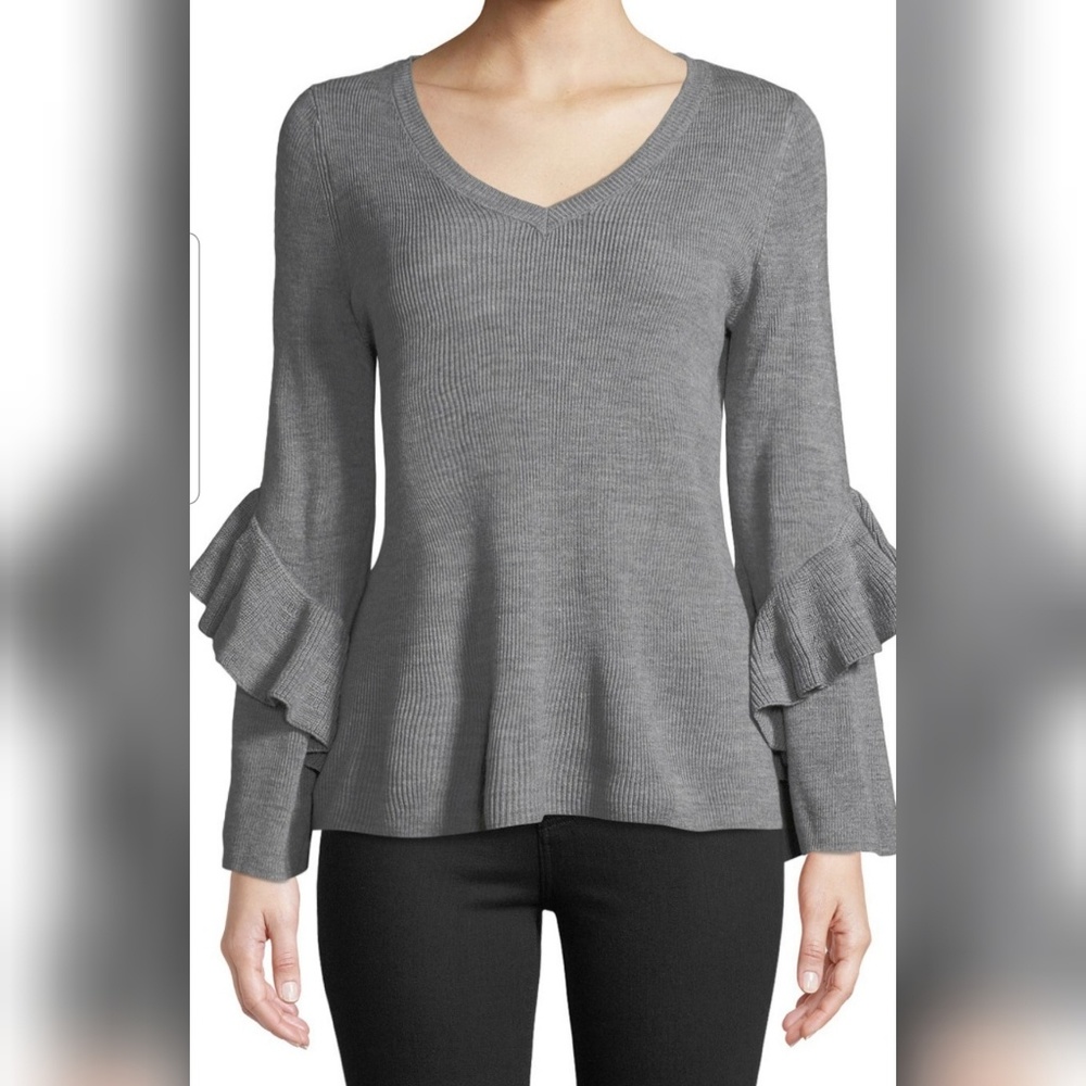 🆕️Neiman Marcus Ruffle-Sleeve V-Neck Sweater